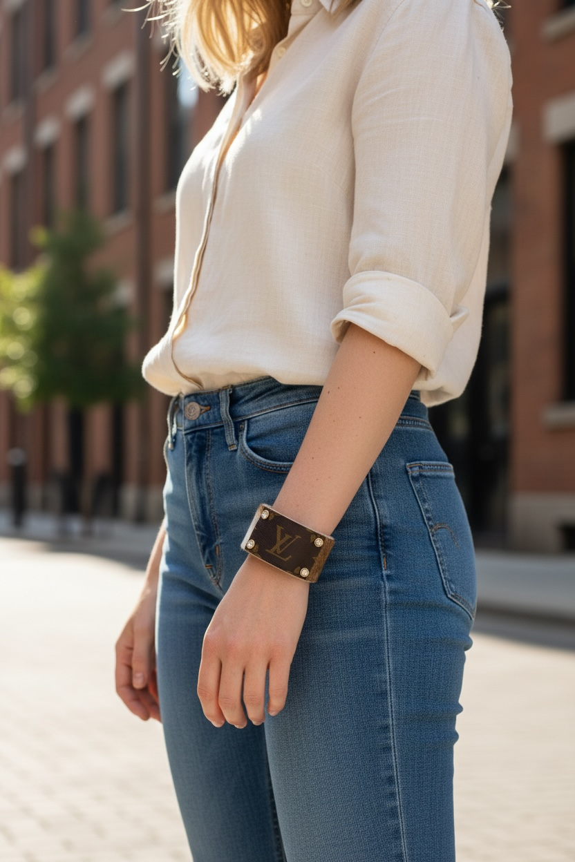Upcycled LV leather cuff