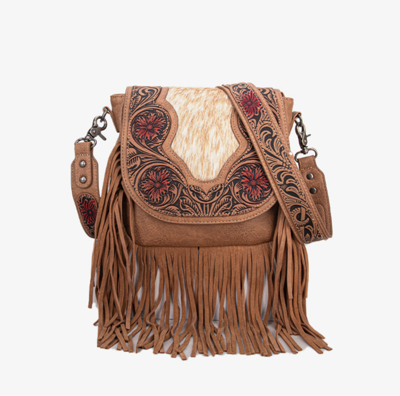 Trinity Ranch genuine cowhide tooled fringe purse
