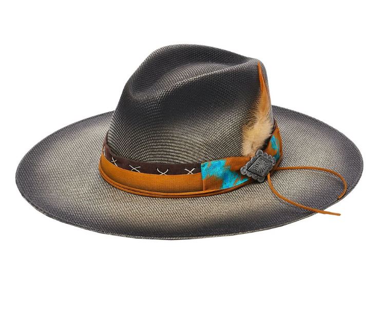 Black faded flat brim straw hat