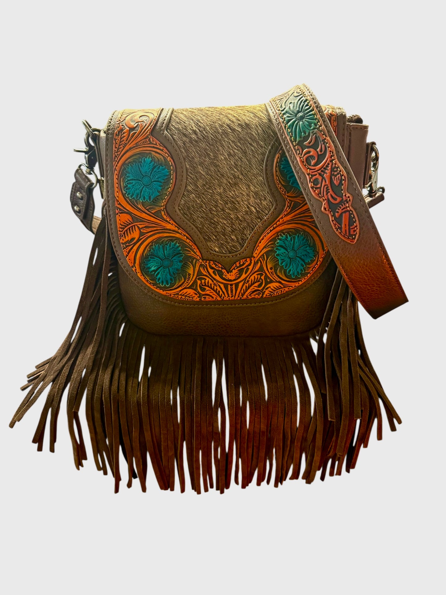 Trinity Ranch genuine cowhide tooled fringe purse