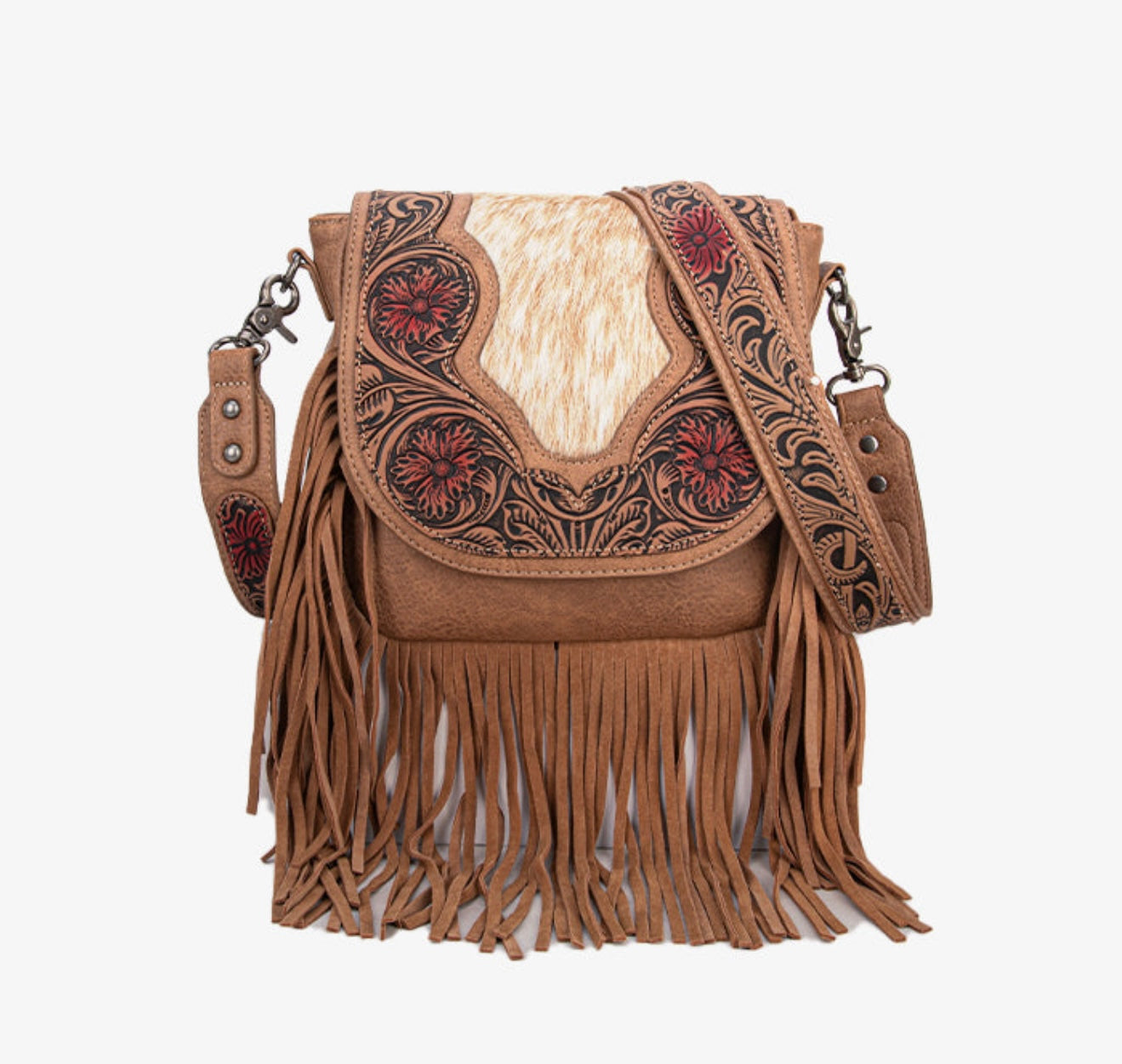 Trinity Ranch genuine cowhide tooled fringe purse