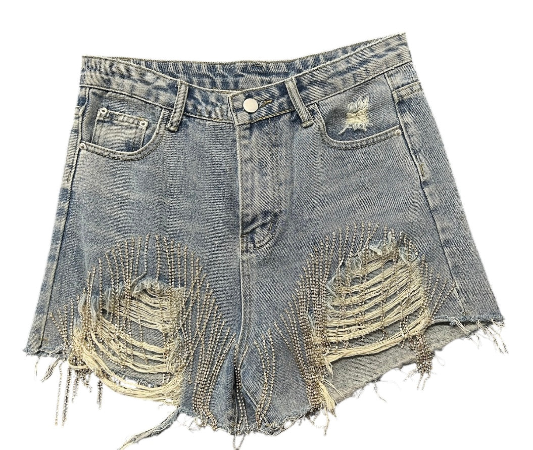 rhinestone fringe distressed denim shorts