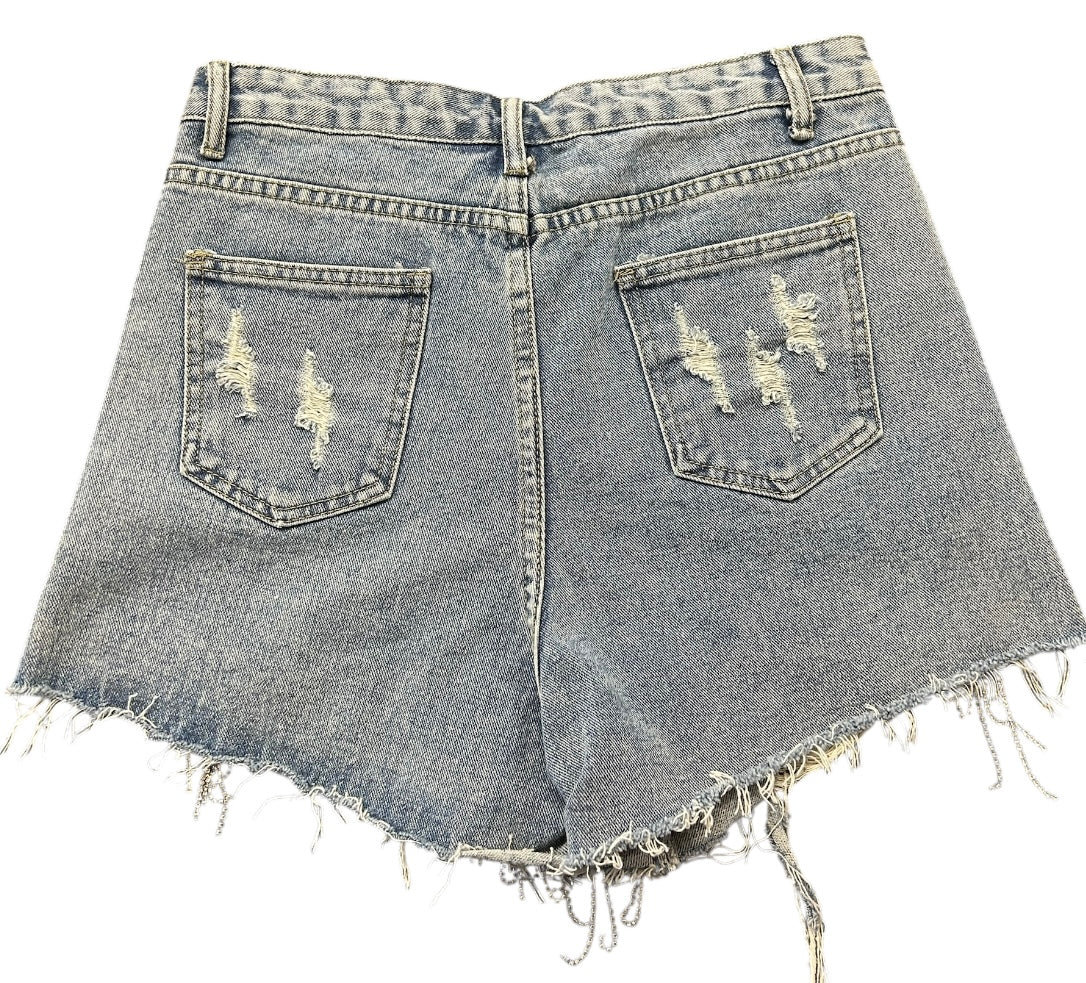 rhinestone fringe distressed denim shorts