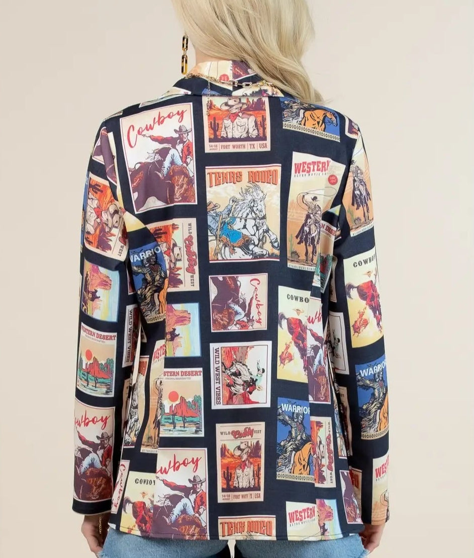 Western Cowboy Stamp Print Blazer