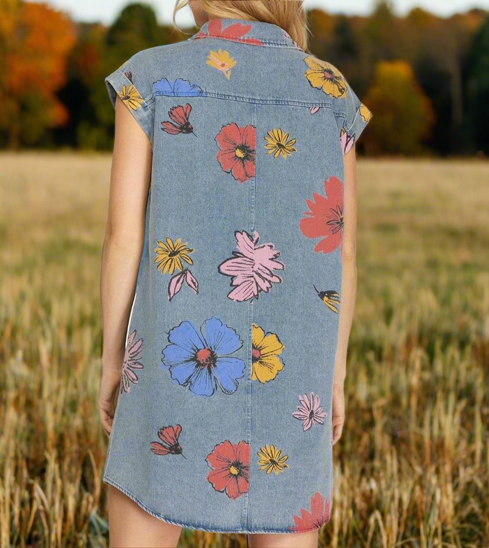 Button Down Printed Denim Dress