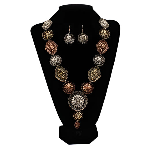 M & F Western Silver Strike Necklace and Earring Set Flower Concho Silver Gold Copper