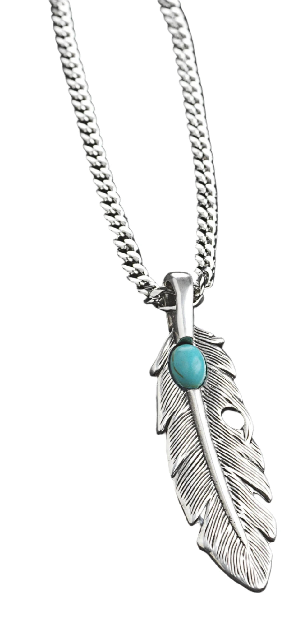 Twister Necklace Feather Pendant Turquoise Stone Silver 32172