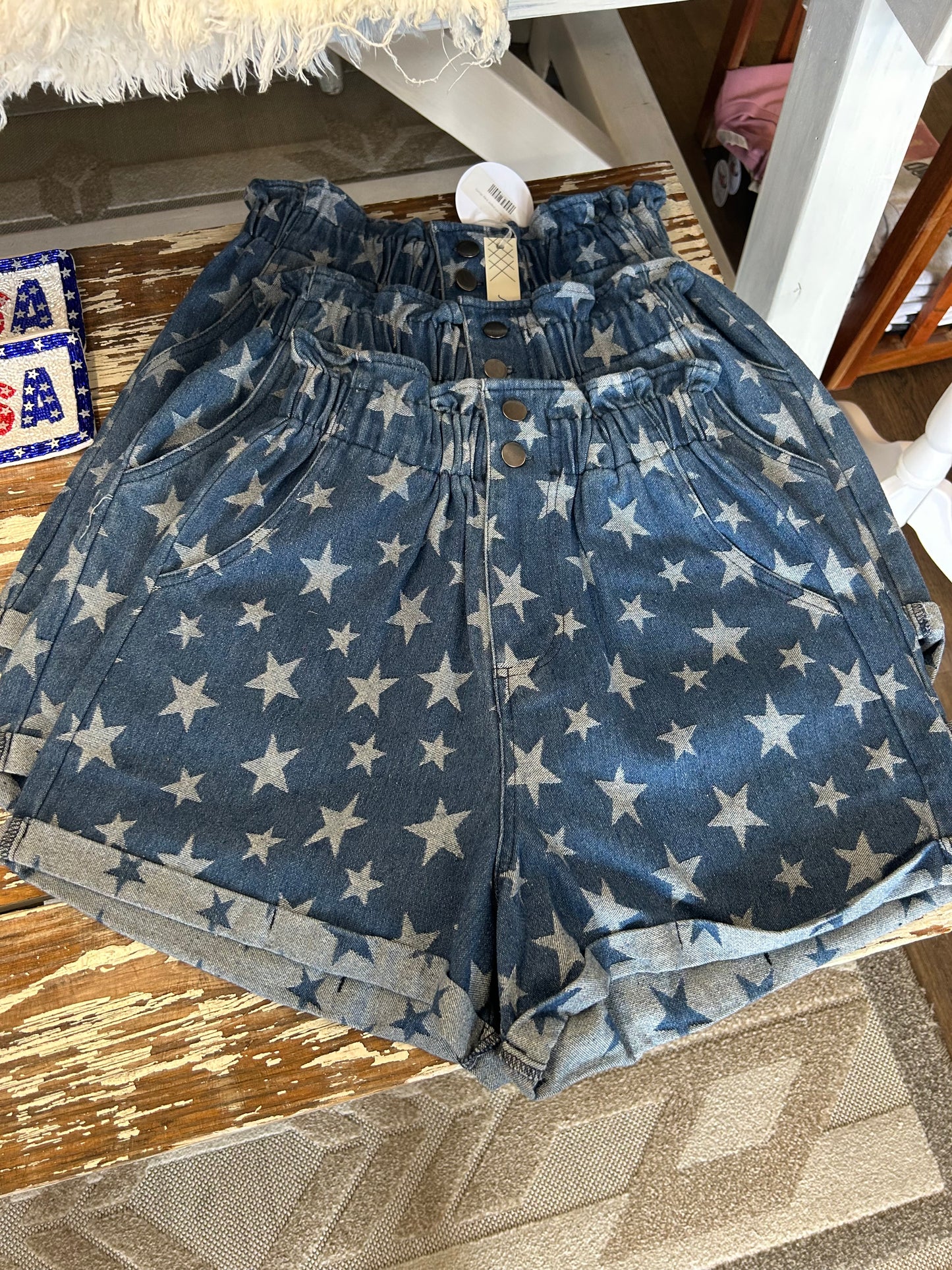 Star print denim paper bag shorts