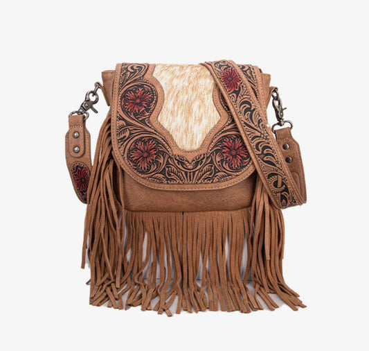 Trinity Ranch genuine cowhide tooled fringe purse