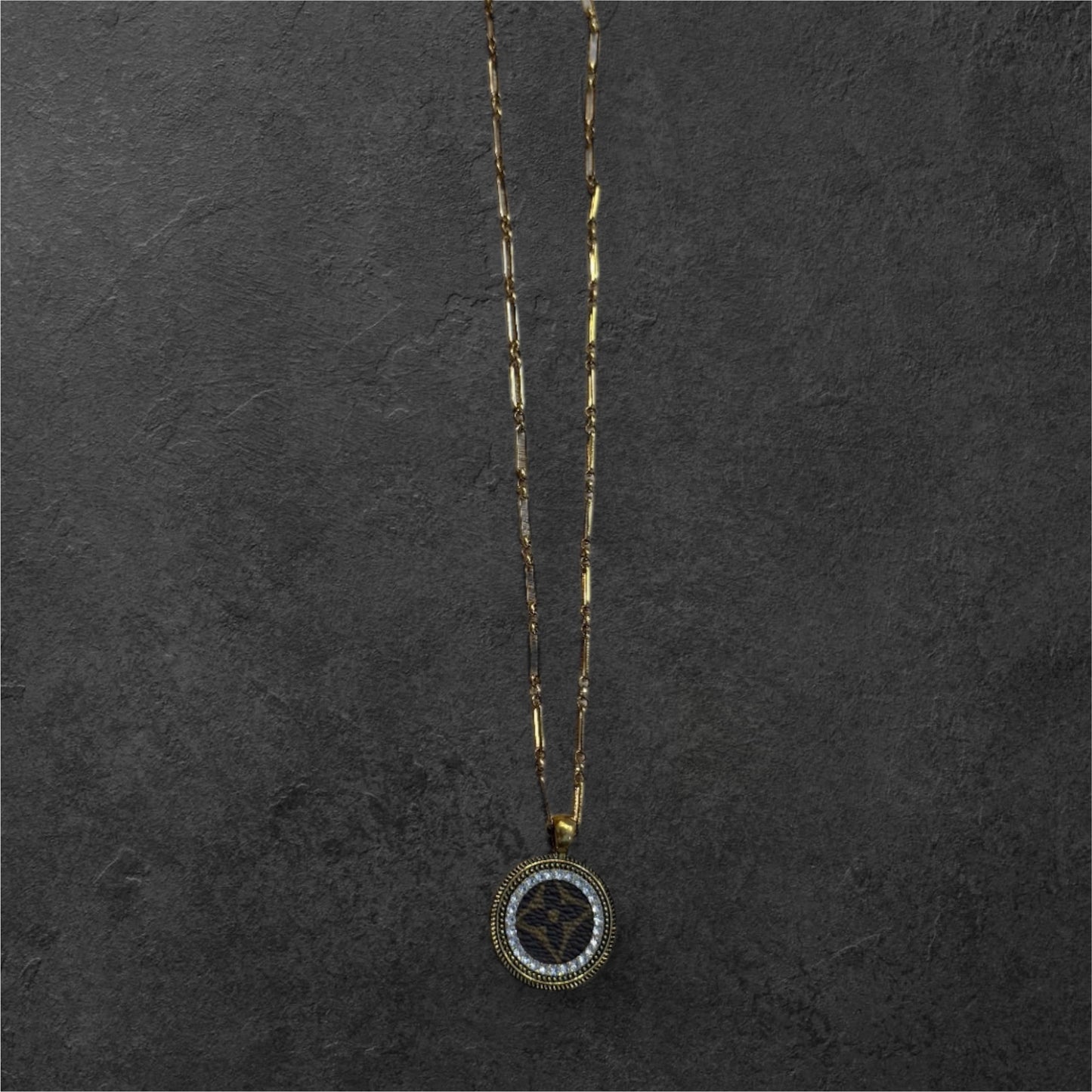 Long medallion upcycled Louis Vuitton necklace