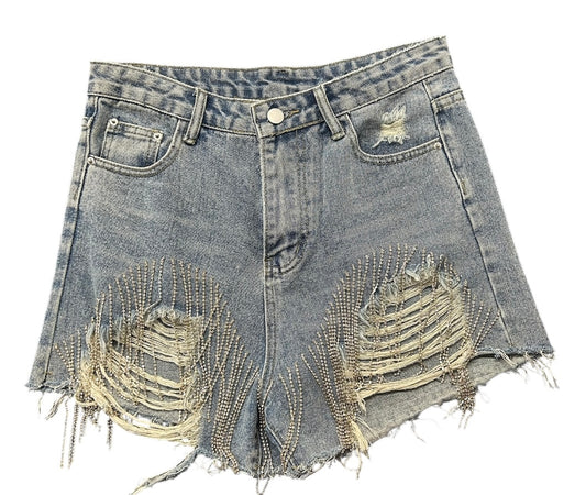 rhinestone fringe distressed denim shorts