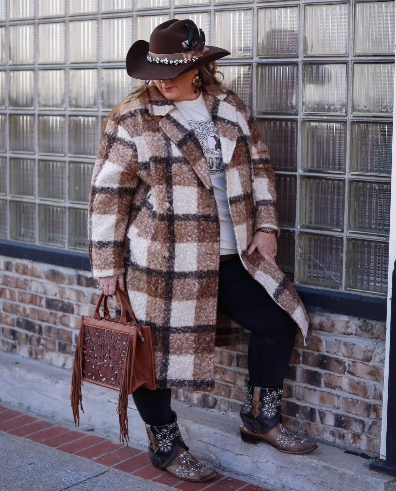 Soft fuzzy plaid button down long coat