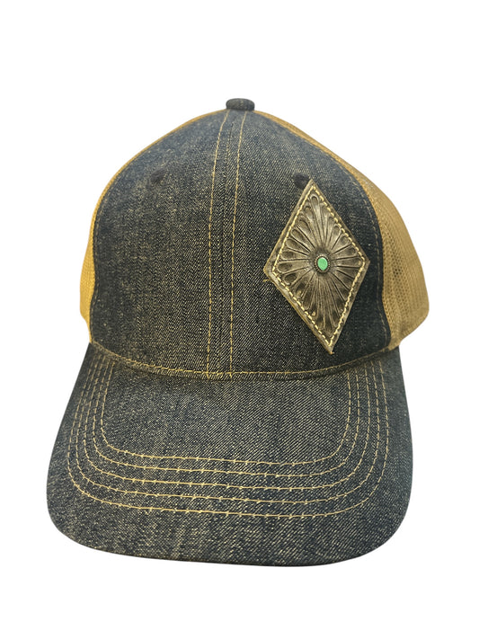 Leather patch hat denim/tan