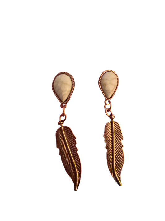 Cream stone & bronze feather earrings