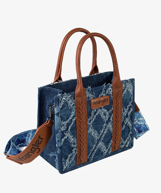 Wrangler Ladies Frayed Fringe Small Canvas Denim Crossbody Tote Bag WG2202-8120