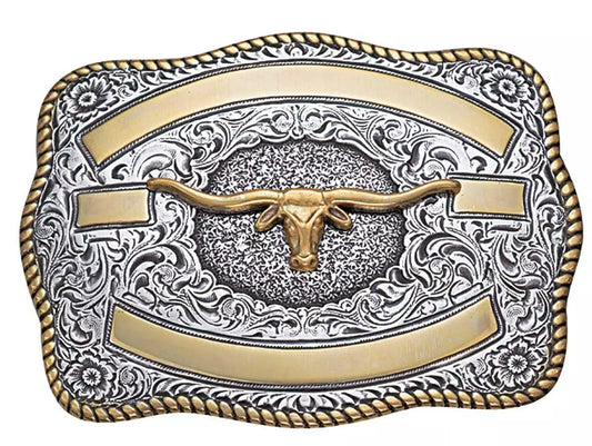 Gold Long Horn Banner Belt Buckle